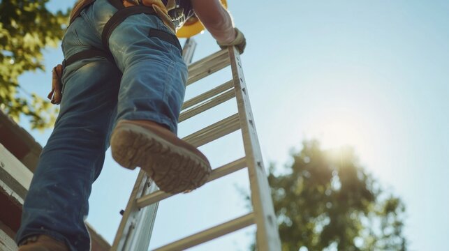 A construction worker adjusting a ladder to reach higher levels. Featuring focus and safety