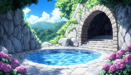 Serene mountain pool scene with stone archway and lush greenery