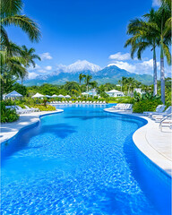 Fototapeta premium Serene resort pool with palm trees and mountains