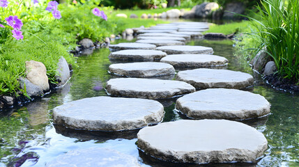 Serene stepping stones path across calm stream in lush garden