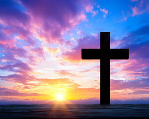 Silhouette of a cross against a vibrant sunset