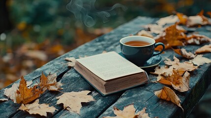 Steaming tea cup and a book surrounded by autumn leaves