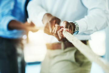Hands, rope and tug of war in office for business people, games and synergy with solidarity for...