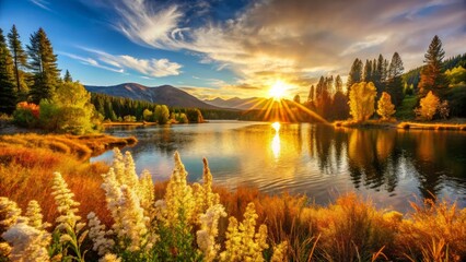 Fototapeta premium Serene Lake at Sunset with Mountain Backdrop