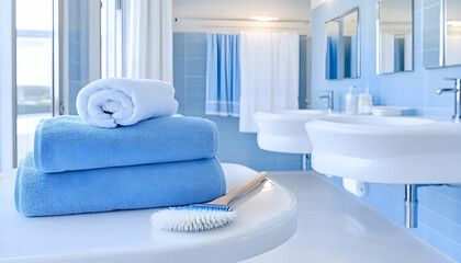 Spa-like bathroom with neatly stacked blue and white towels, and a body brush