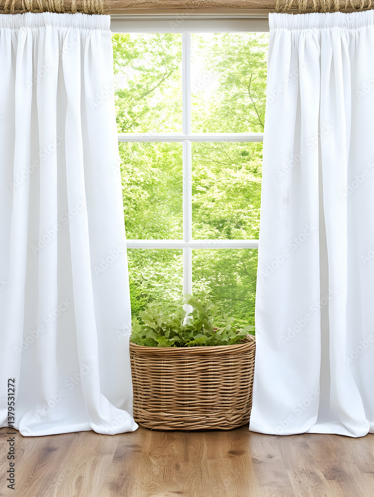 Poster sunlight streams through a window draped with white curtains, illuminating a wicker basket with gree