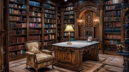 Ornate library study with bookshelves, desk, and chair