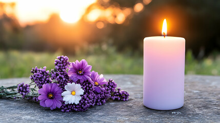 Sunset illuminates a lit candle and purple flowers on a stone surface