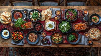 Rustic Mediterranean feast on wooden table, candles, colorful dishes