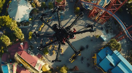 Fototapeta premium Drone Flying Above Amusement Park Capturing Aerial View of Attractions
