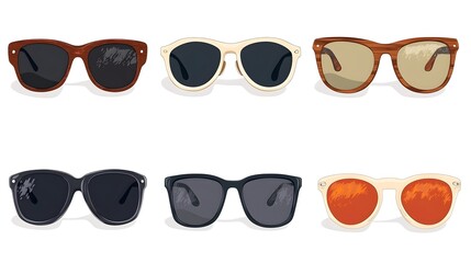 A diverse collection of fashionable sunglasses featuring a variety of frame shapes including rectangular round and cat eye