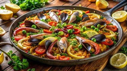 Seafood Paella Dish with Lemon and Vegetables