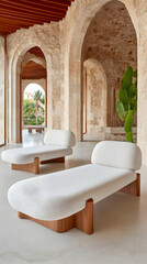 Two modern white chaise lounges with wooden legs in a sunlit stone hallway