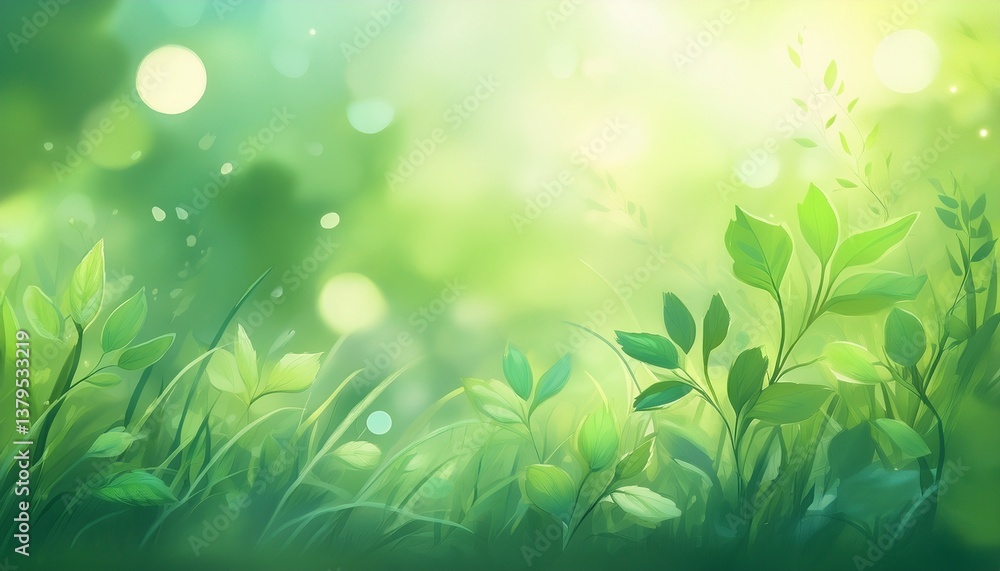 Poster a gentle abstract background featuring fresh green herbs with soft light and subtle bokeh effects. g