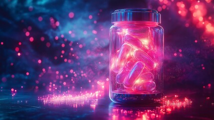 Glowing capsule jar in enchanting neon mist with vivid light effects