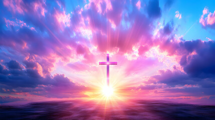 Vibrant sunset sky with a glowing cross