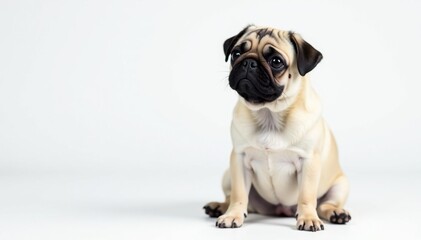 Adorable pug dog sits alone against white background , companion, animal photography
