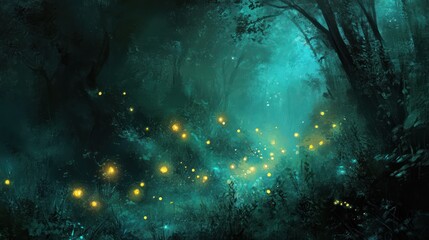 Obraz premium Firefly Path Enchanting night forest scene, glowing insects, misty background, fantasy art