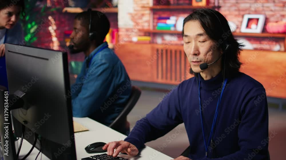 Poster joyous technical support senior agent in call center office doing troubleshooting. jolly experienced