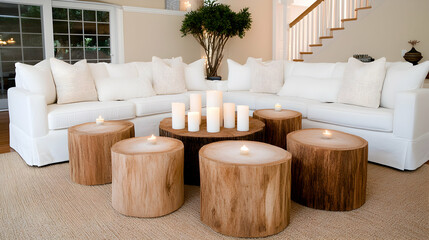 White sectional sofa and rustic wood stump coffee tables with candles in a bright living room