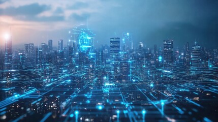 Fototapeta premium Futuristic Cityscape with Digital Connections and Neon Lights