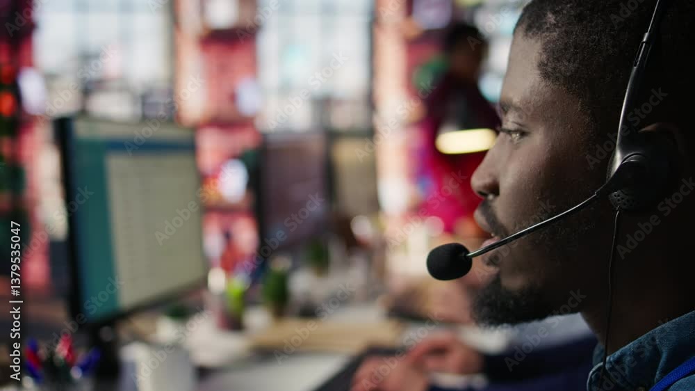 Poster call center agent using audio headset microphone to provide guidance to customers. customer center w
