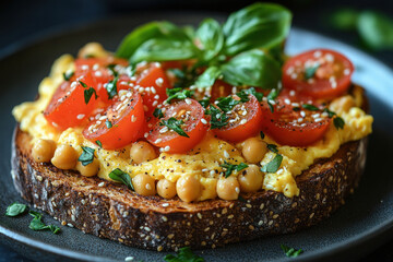 A delicious and colorful toast with healthy ingredients: whole grain bread with seeds, topped with a light fried egg 
