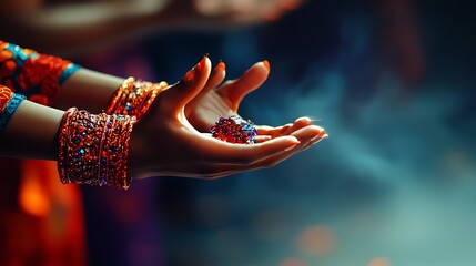 Hands adorned with colorful bangles hold a sparkling gem amidst a vibrant, festive atmosphere