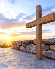 Wooden cross at sunrise, atop a stone wall