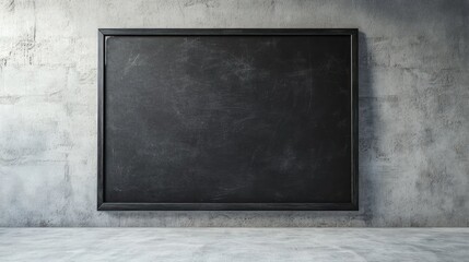 Empty black chalkboard with frame on textured concrete wall. Mockup for design