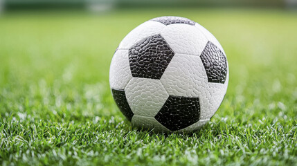 Fototapeta premium classic black and white soccer ball rests on vibrant green grass field, ready for play. textured surface of ball contrasts with lush grass, evoking sense of excitement