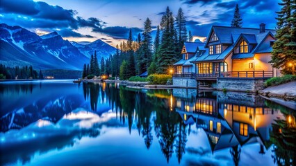 Fototapeta premium Mountain Lake House Reflection at Dusk