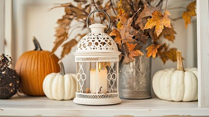 Autumn decor featuring pumpkins lantern leaves and a decorative knitted ball
