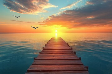 Obraz premium Beautiful sunset over calm water viewed from a wooden pier