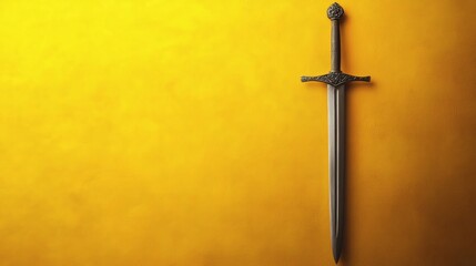 A historic sword lies against a vibrant gold backdrop, symbolizing courage and historical power with a simple, classic design.