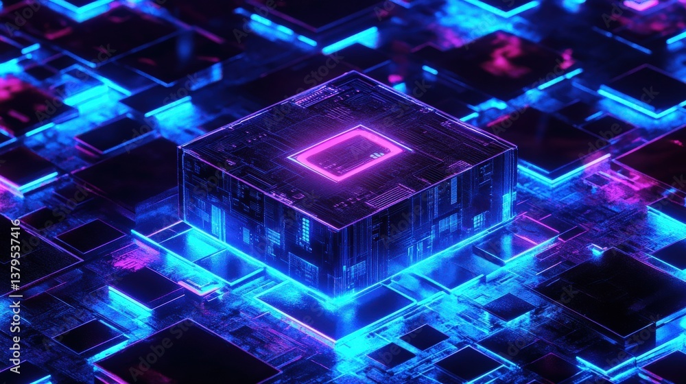 Poster futuristic circuit board with illuminated cube