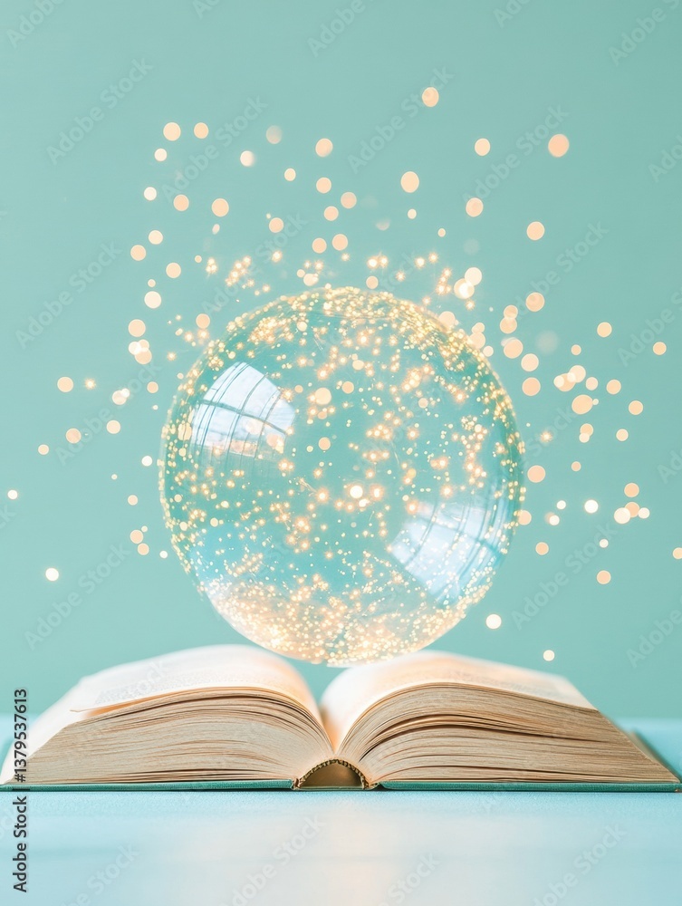 Poster ethereal digital learning luminous global knowledge sphere emerging from vintage book - innovative e