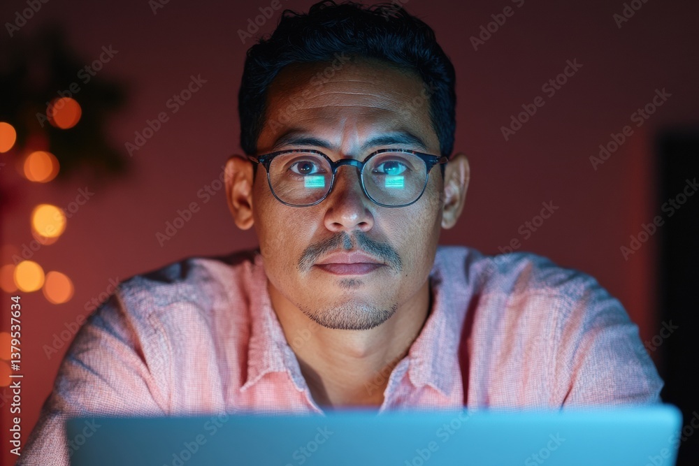 Poster Immersive Digital Transformation Cinematic Portrait of Tech Innovation - Millennial Professional Navigating Future-Driven Learning Environments with Focused Intensity