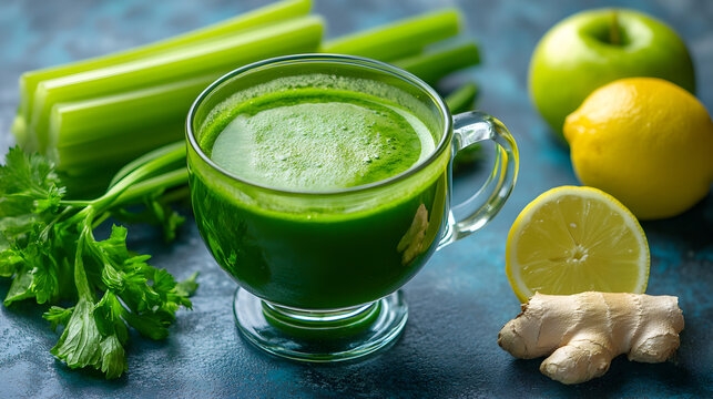 rico jugo verde con apio manzana jengibre y limon para el bienestar del cuerpo y el cuidado de la salud con alimentacion saludable rico en antipxidantes