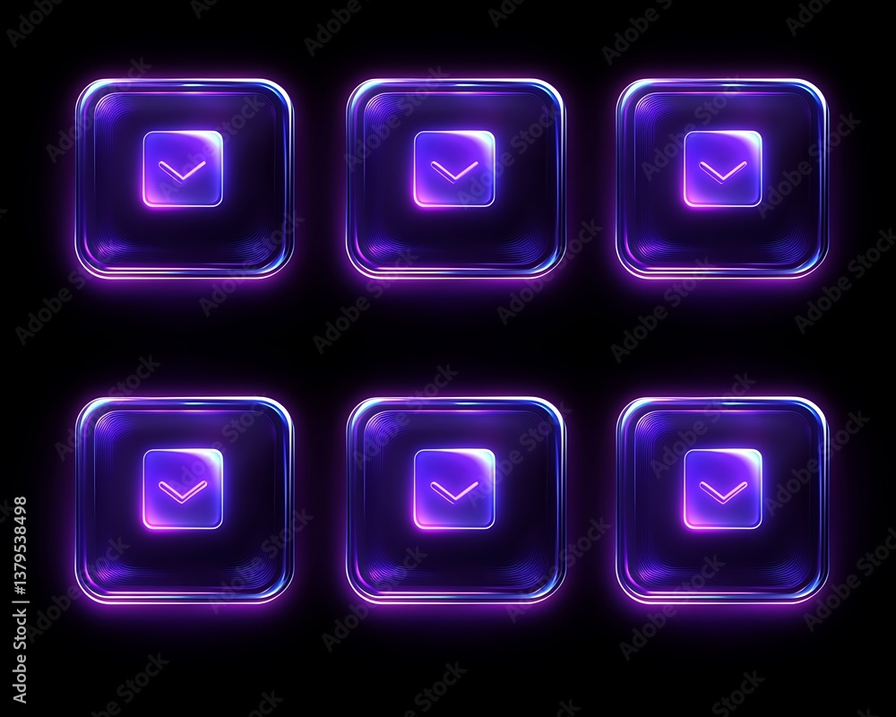 Poster glowing translucent square button icons displaying a downward check mark