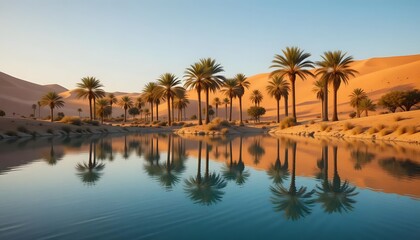 Fototapeta premium Desert oasis with a small pond and palm trees 