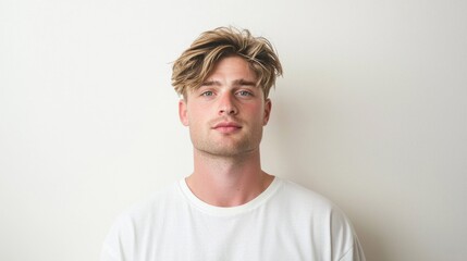 Obraz premium Young Man with Stylish Hair Posing Against a Minimalist Background