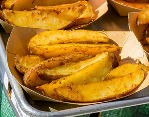 Closeup of Servings of Golden Fried Potatoes at the Oak Street Poboy Festival in Uptown New Orleans