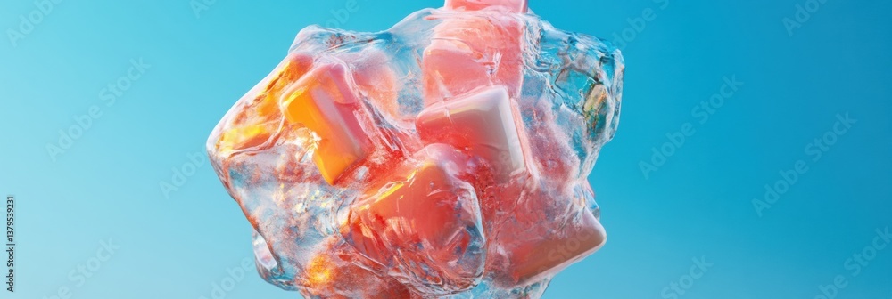 Leinwandbilder fluid digital aesthetics translucent ice sculpture merging vibrant coral and azure tones - immersive