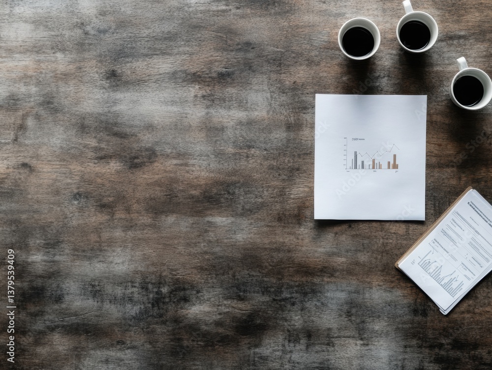 Aufkleber Minimalist Data Visualization Distressed Wooden Workspace with Analytics Dashboard and Coffee - Digital Entrepreneurship and Performance Metrics Storytelling