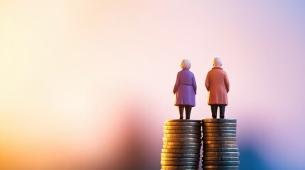 Empowered Retirement Inclusive Financial Resilience Visualization for Silver Economy - Miniature Seniors Navigating Wealth Stability in Pastel-Gradient Future of Personal Investment