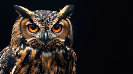 Owl Staring Intensely with Orange Eyes on Dark Background Wildlife