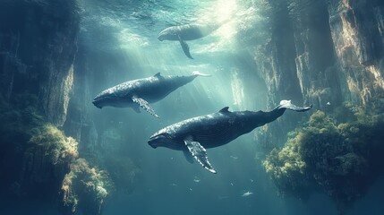 Fototapeta premium Whales swimming underwater cave, sunlight, ocean, fantasy, marine life, artwork, nature, background