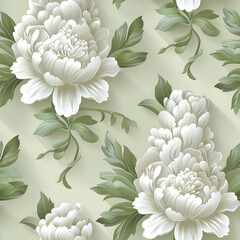Elegant floral pattern featuring white peonies and green leaves on a soft background.
