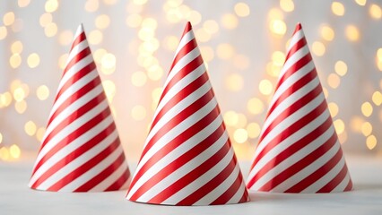 Obraz premium Festive red and white striped party hats with warm bokeh lights in the background creating celebratory mood for joyful events birthdays and holiday stock photography 